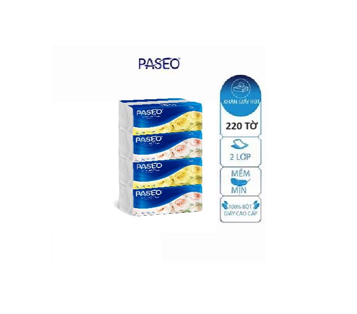 Combo 4 gói khăn giấy rút Paseo nhập khẩu 220 tờ 2 lớp