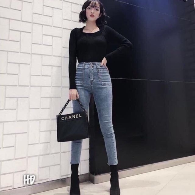 Quần jean nữ, quần jean nữ cạp cao túi vuông , Chất liệu  jeans dày dặn, co giãn