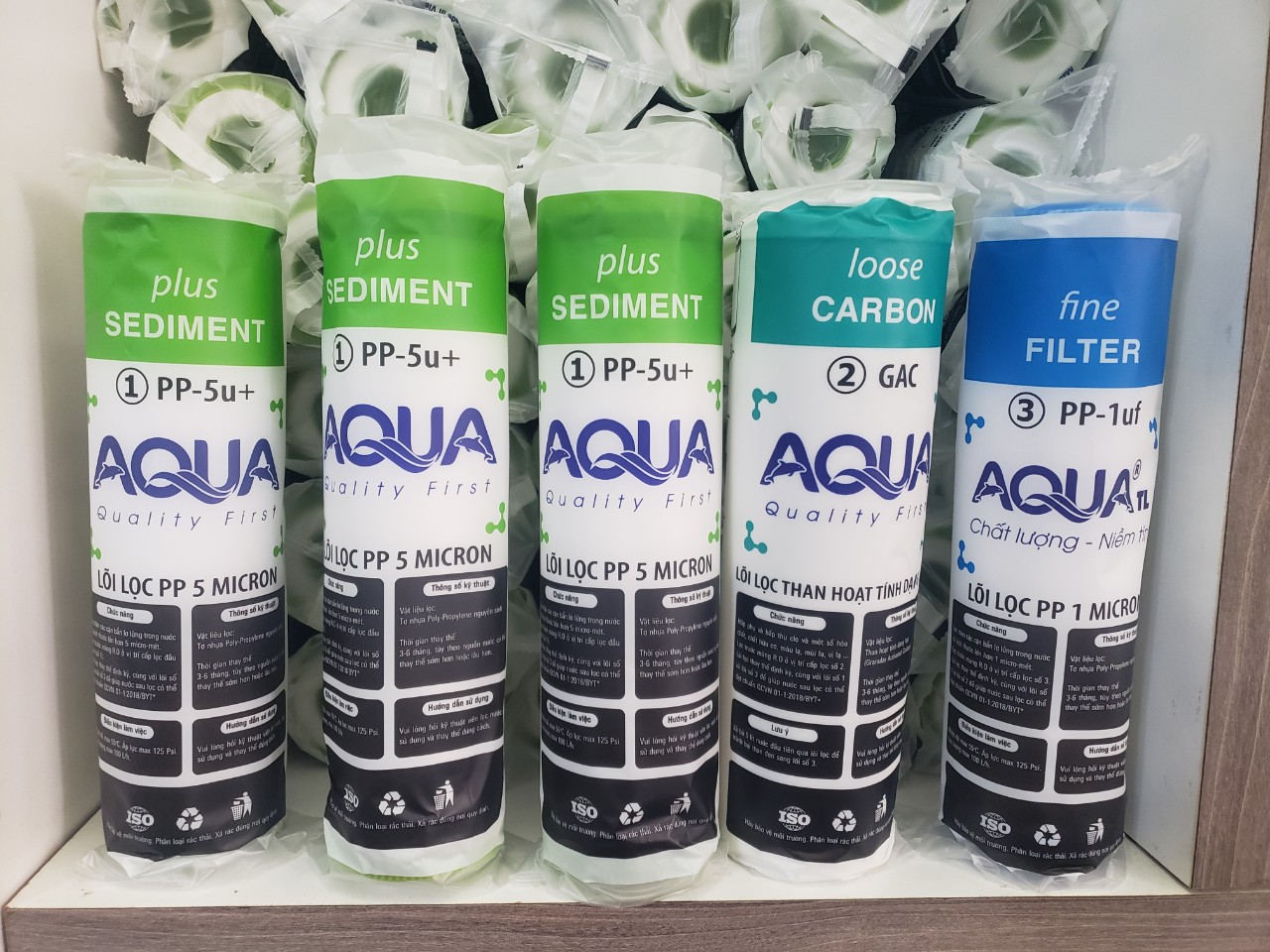 (HCM) Combo 5 Lõi Lọc Nước AQUA (3 lõi số 1/ 1 lõI số 2/ 1 lõi số 3) Loại 10 inch-Dùng Cho Các Máy Lọc Nước RO