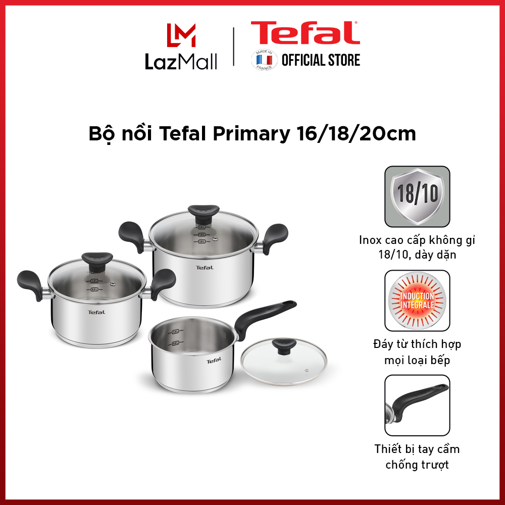 Bộ 3 nồi Inox cao cấp Tefal Primary, dùng cho mọi loại bếp (nồi cán dài 1.5L, nồi 2.2L và 3L)- Gian hàng chính hãng bảo hành 2 năm-E308S674