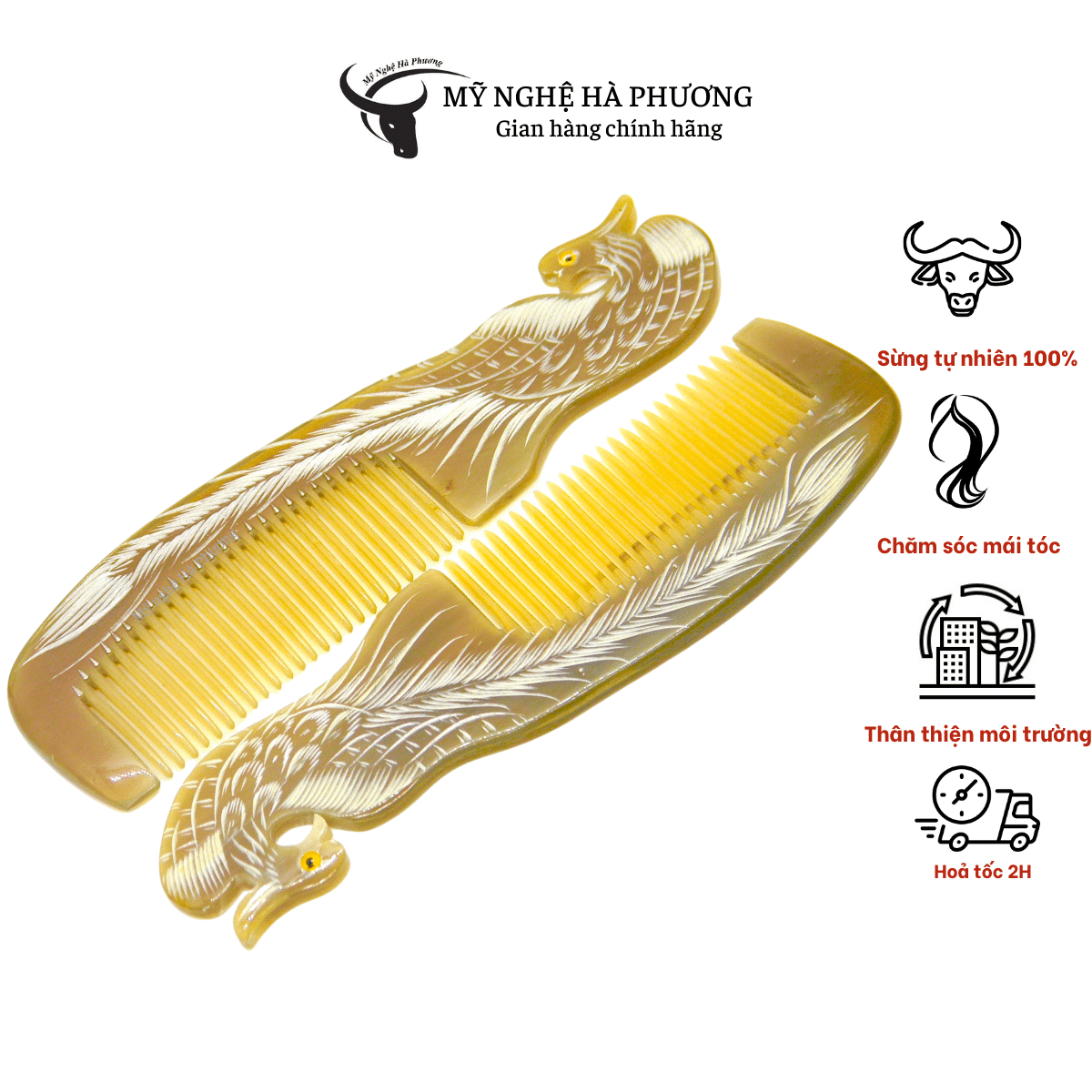 Lược sừng Phượng Hoàng tách 2 mặt (size: M-18cm) Mỹ nghệ Hà Phương, quà tặng ý nghĩa