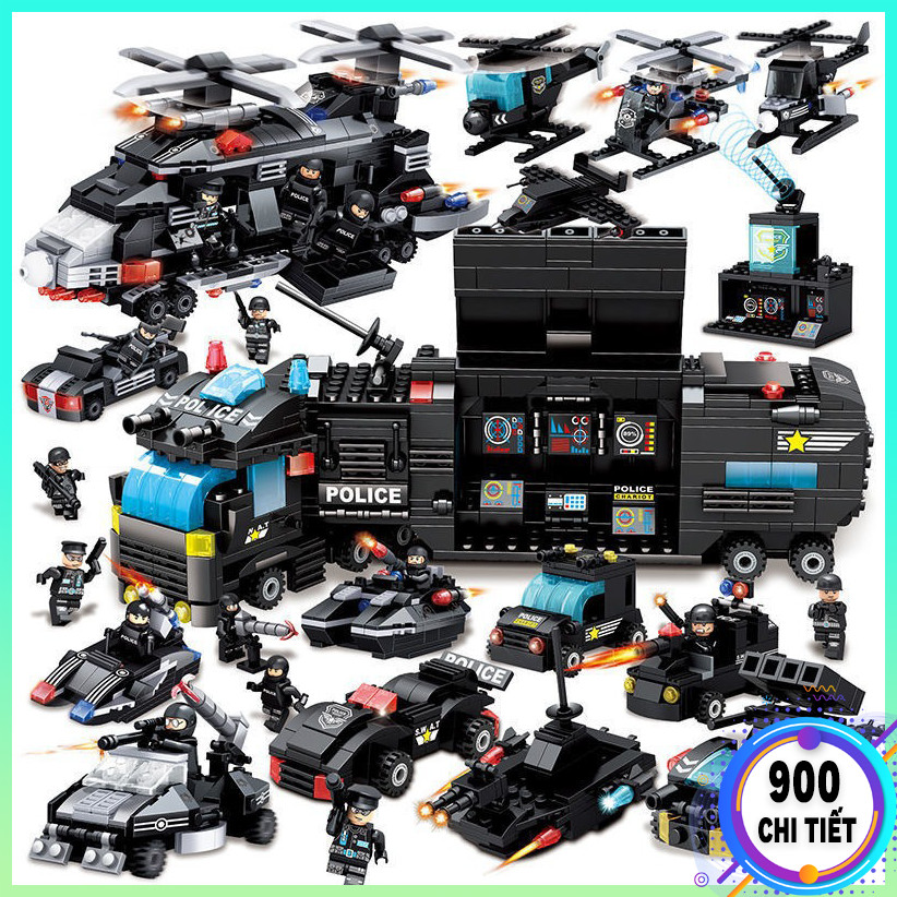 900 chi tiết- bộ đồ chơi lắp ráp lego cảnh sát swat 900 chi tiết, kèm xếp hình lego máy bay,/ mô hình lắp ráp xe tăng/ trực thăng