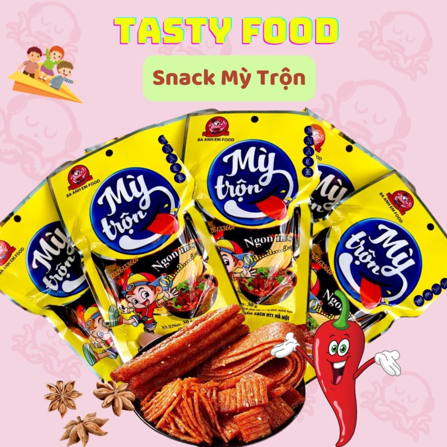 Bim Bim, Snack que cay vị mỳ trộn thơm ngon, mỳ trộn Ba Anh Em 30g
