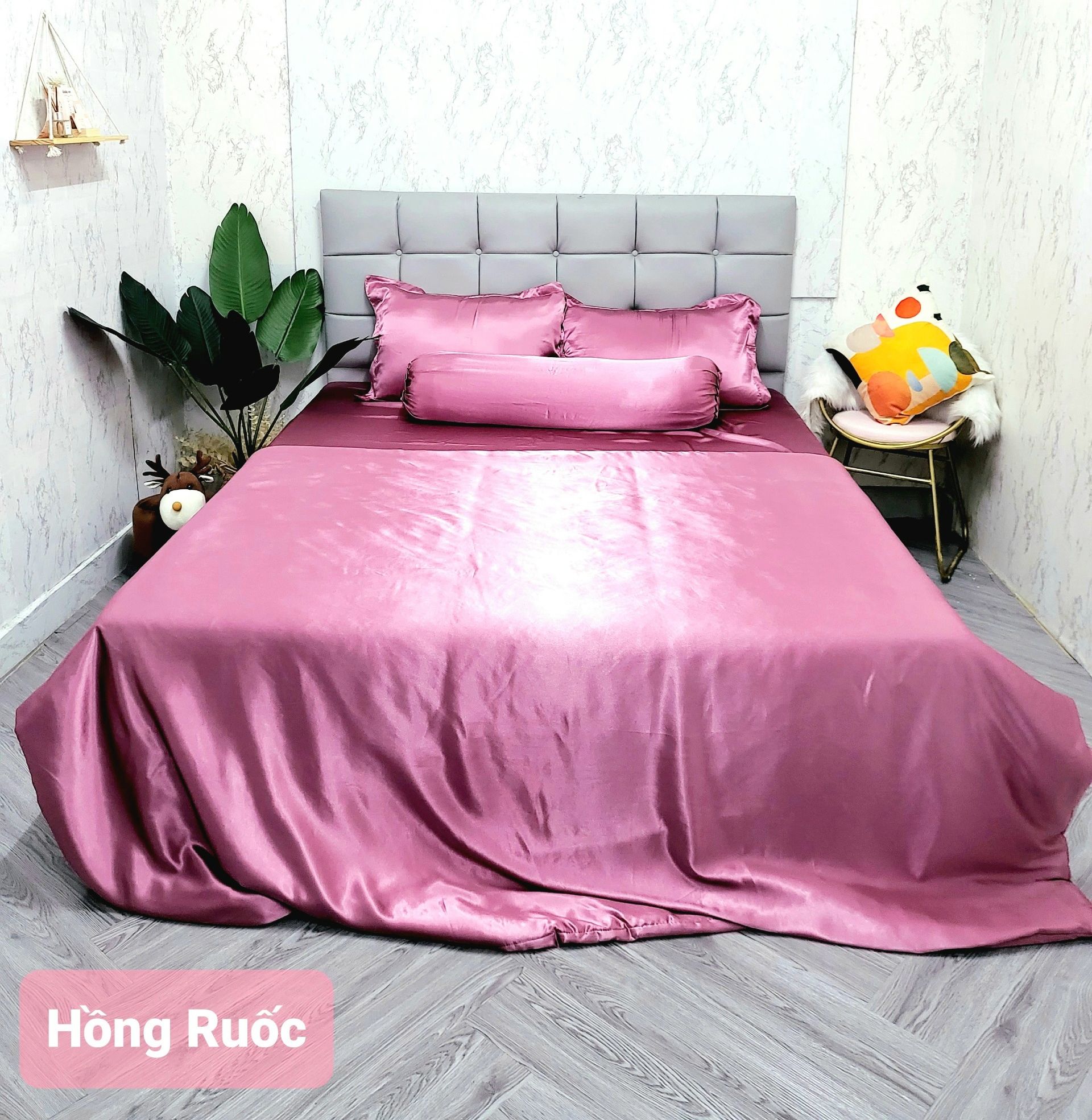 Bộ 5 món 4 món Chăn ga phi lụa Thái Tuấn cao cấp loại 1 - Mã màu phi lụa Hồng Ruốc