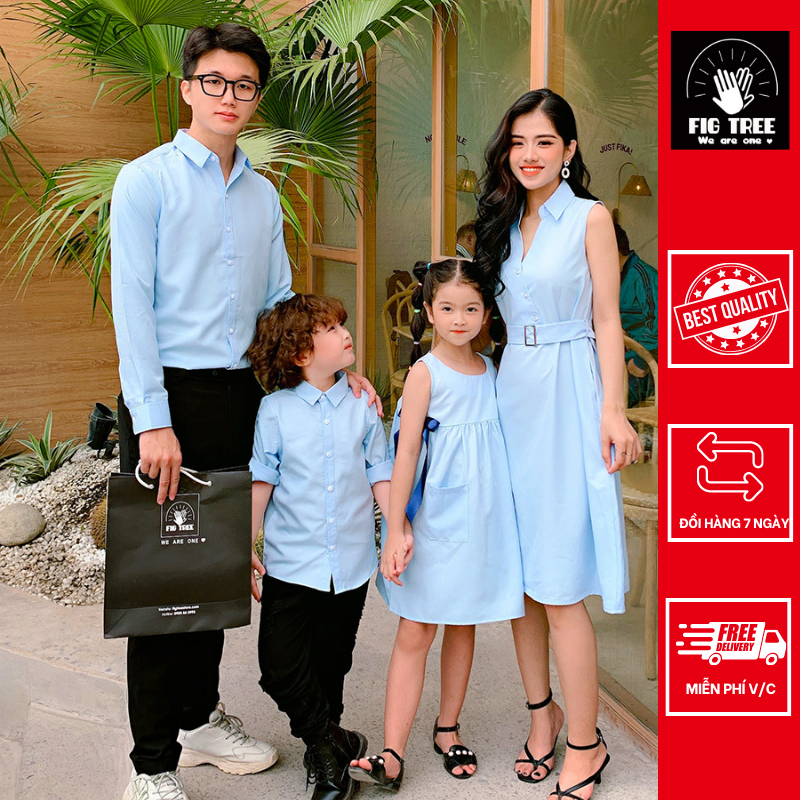 Set gia đình sơ mi váy màu xanh biển nhạt nhẹ nhàng FIG TREE