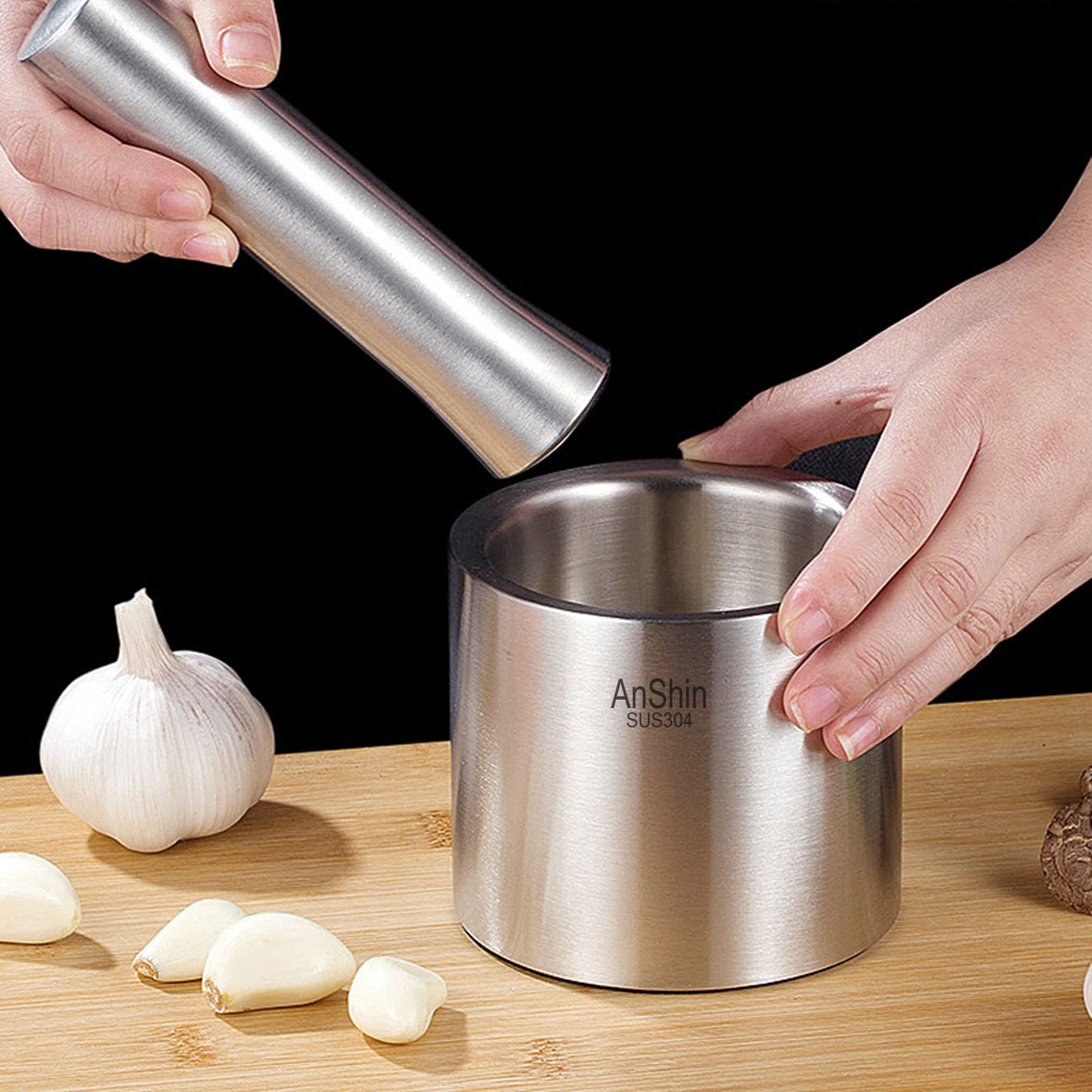 Bộ cối chày Inox 304 Anshin - bảo hành trọn đời không han gỉ - dáng trụ thẳng