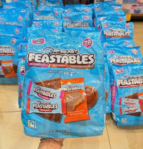 Kẹo Socola Mrbeast Feastables Mix 3 vị Milk Chocolate, Milk Crunch, Creamy Peanut Butter Cup, 70 thanh 909 gr - Nội 909 gr