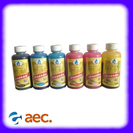 Bộ 6 chai mực dầu Pigment UV chất lượng cao, chống nước, chống bay màu thương hiệu Mazano chai 100ml gồm 6 màu (BK/ C/ LC/ M/ LM/ Y) dùng cho các máy in phun Epson L805 / L850 / L1800 / T50 /  T60 / R1390 / R1430 / R1500W