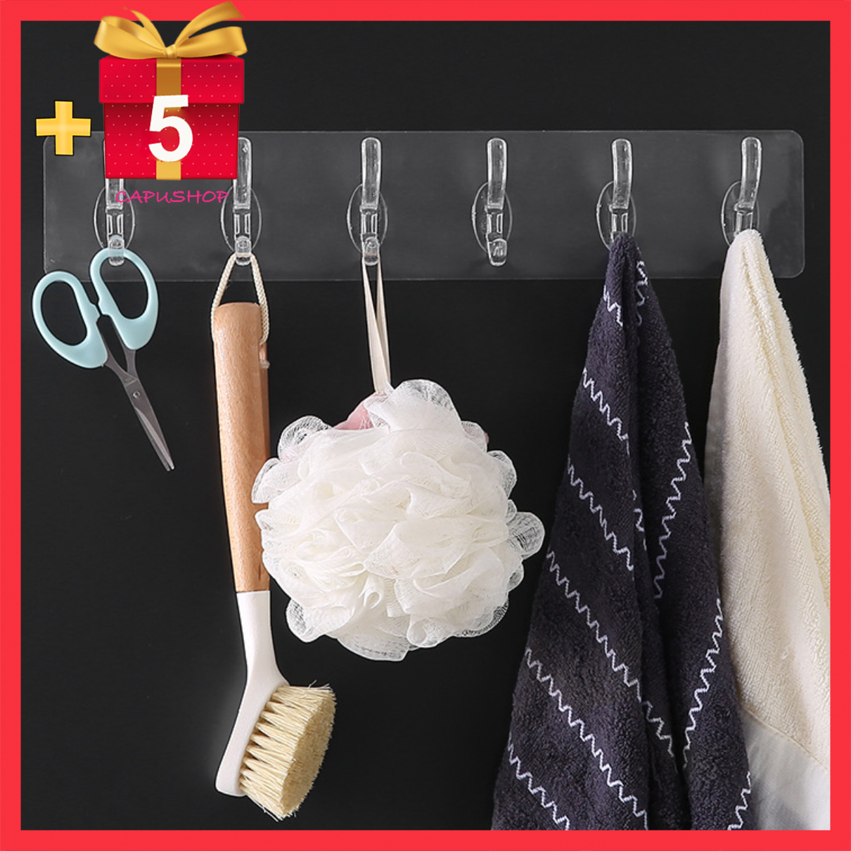 Combo 5 thanh treo đồ 6 móc trong suốt siêu dính chịu lực chắc chắn tiện lợi