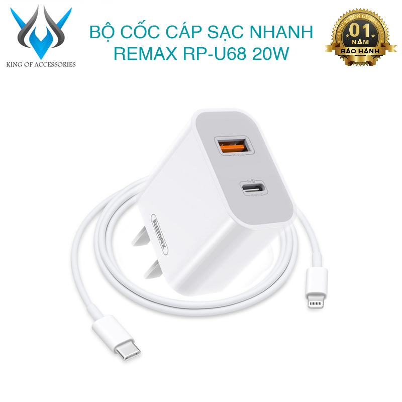 Bộ cốc cáp sạc nhanh 2 cổng remax rp-u68 typec to lightning hỗ trợ usb qc 3.0 18w và typec pd 20w - phụ kiện 1986