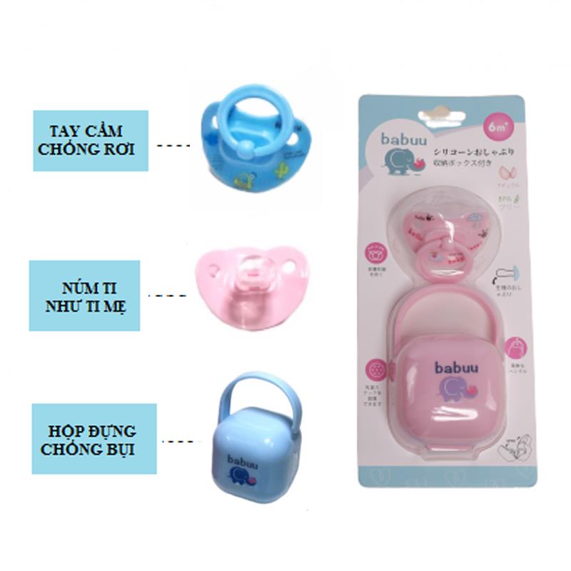 Ti giả, Ty Ngậm Có Hộp Hiệu Babuu Baby Nhật Bản cho bé thiết kế thông minh, đầu ti được thiết kế nhằm chỉnh nha, chống vẩu cho bé.[SALE] [CAM KẾT HÀNG CHẤT LƯỢNG GIỐNG HÌNH 100%]