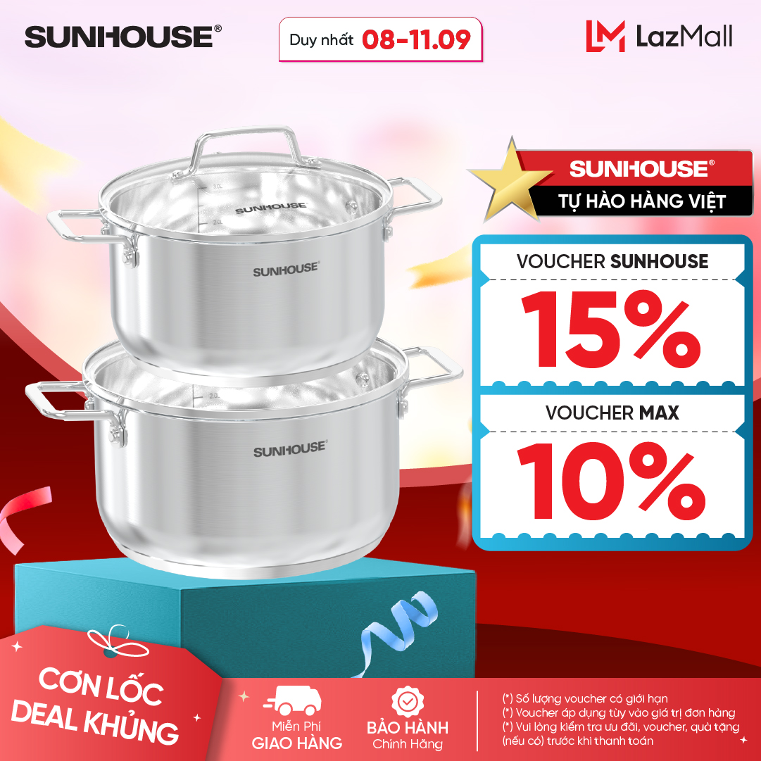  Bộ nồi chống dính đáy từ Sunhouse SHG604E - Bộ 2 nồi size 16 20cm - Inox 304 an toàn - Công nghệ đáy từ Impact Bonding 