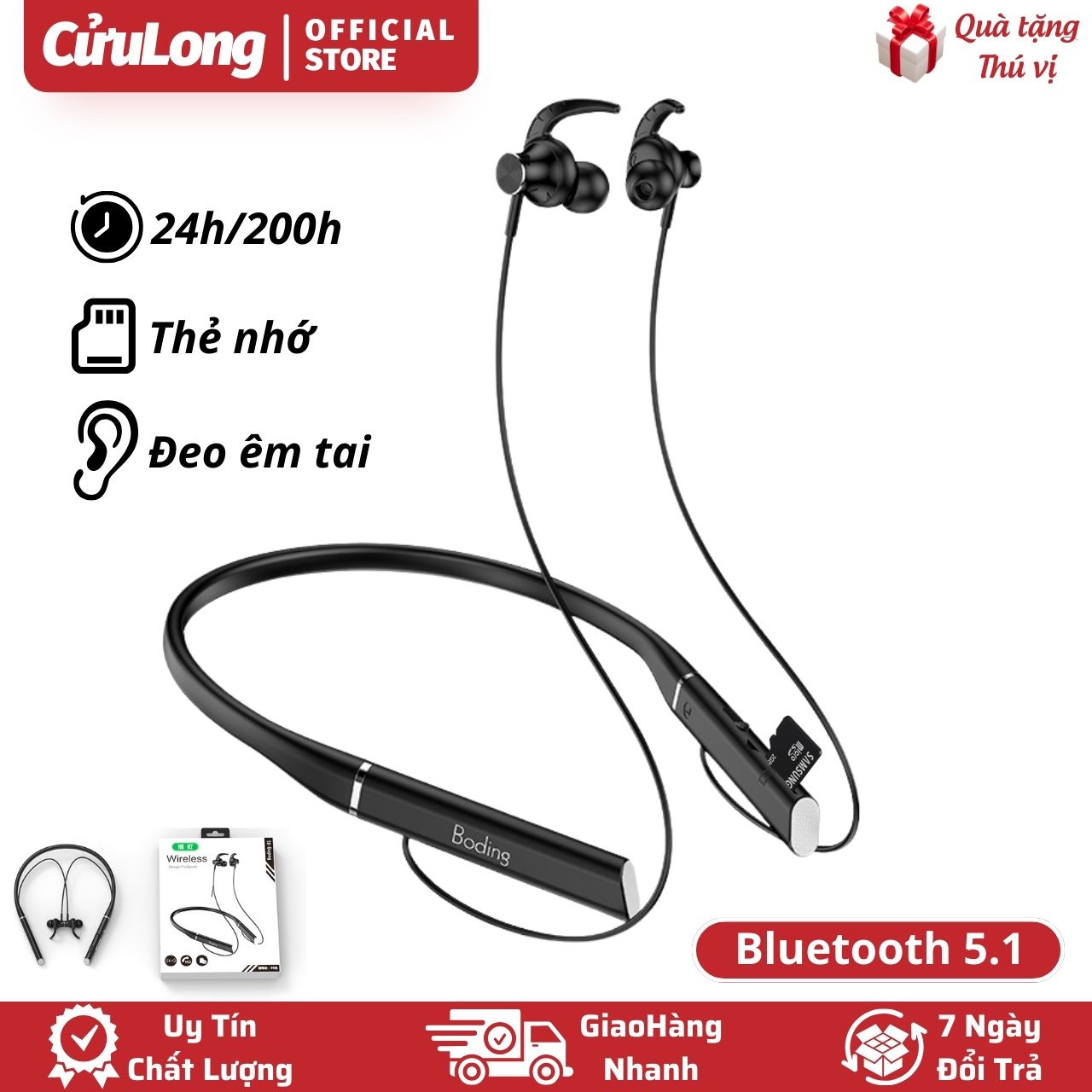 Tai nghe đeo cổ Bluetooth không dây Boding có mic gắn thẻ nhớ pin trâu, tai nghe quàng cổ thể thao
