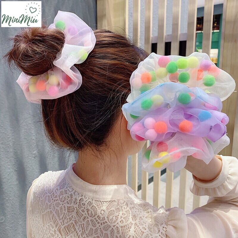 [HCM]Dây buộc tóc, cột tóc nữ vải Scrunchie Organza phối quả pom pom nhiều màu sắc phong cách Hàn Quốc đáng yêu cho nữ và bé gái CTV45- MiniMiu