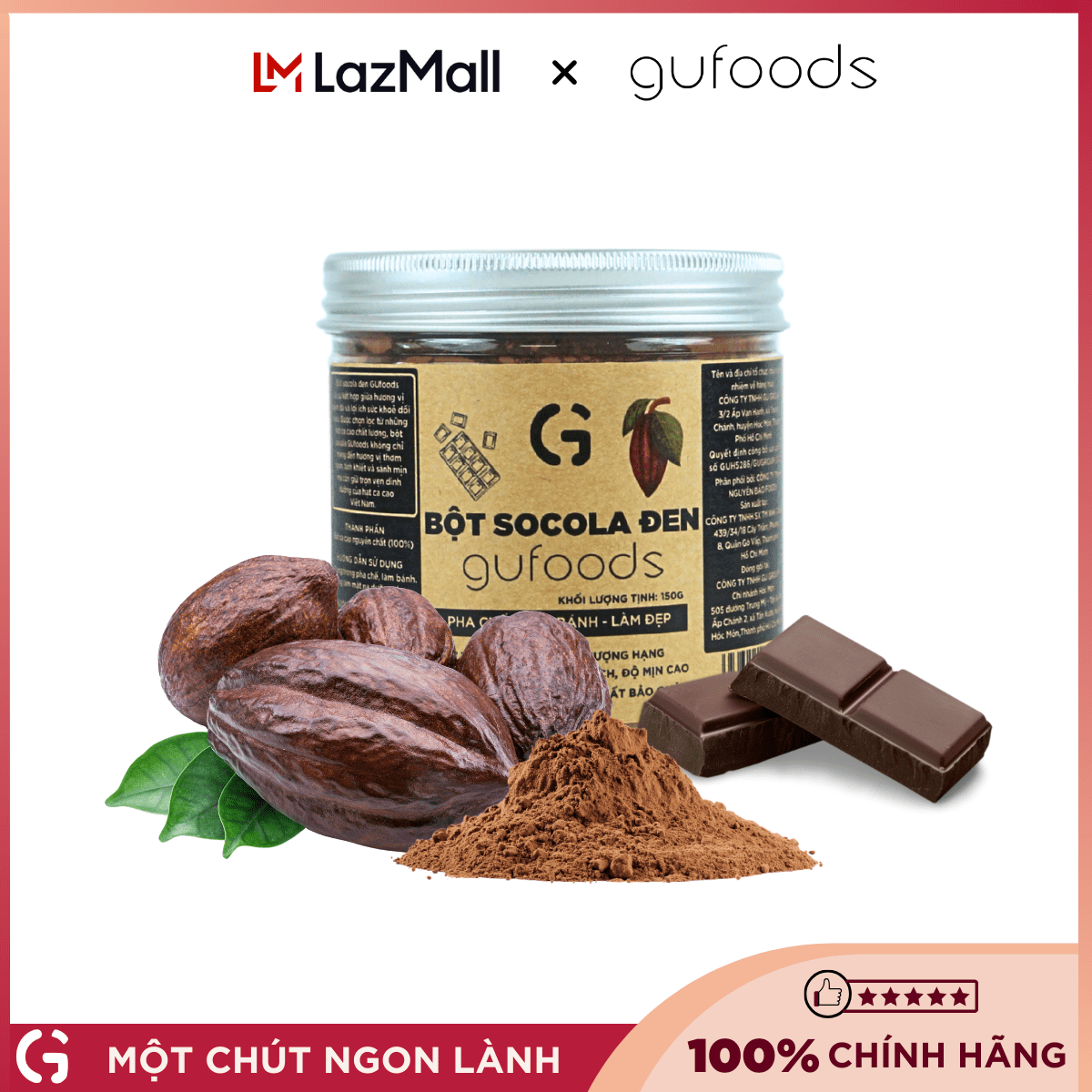 Bột cacao nguyên chất GUfoods - Thành phần tự nhiên Không pha trộn Eat clean Pha chế healthy Làm đẹp hũ 150g