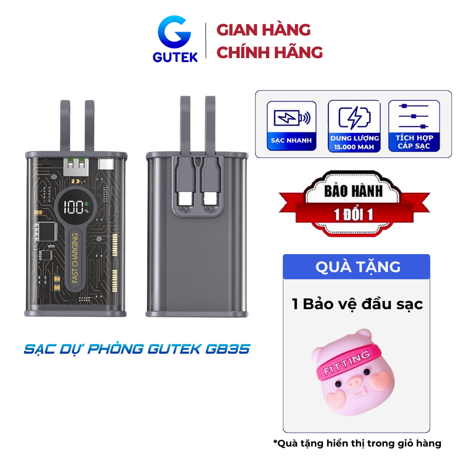 Sạc dự phòng Gutek GB35 sạc nhanh 22,5w Pin 15000mah vỏ trong suốt tích hợp cáp sạc iphone Type-C