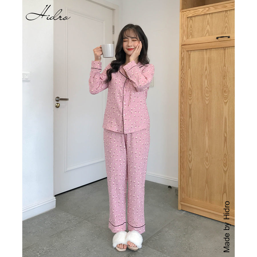 HIDRO Bộ ngủ pijama nhung tăm in hoạ tiết