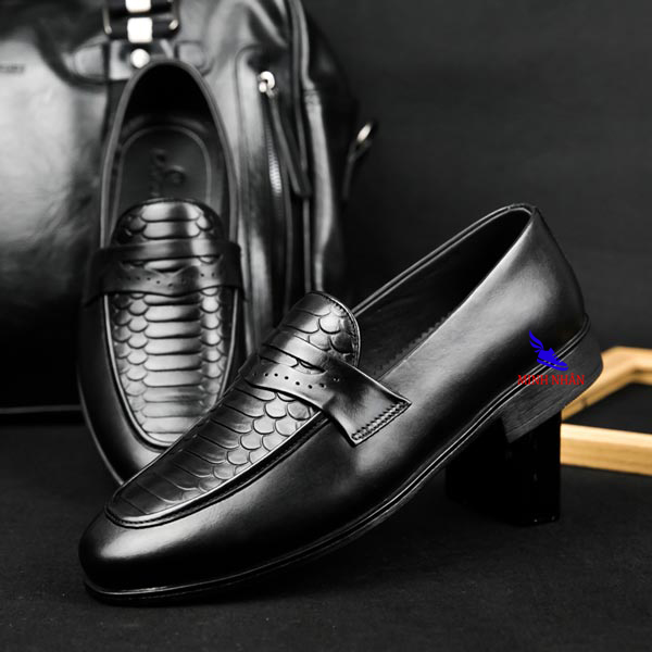 Minh Nhân - Giày Công sở nam da bò Giày lười nam da bò Penny Loafer kiểu đẹp hàng hiệu giá rẻ Giày in dập vân cá sấu cao cấp Giày di or nam dành cho người trẻ kinh doanh doanh nhân in vân rắn cao cấp D-6 màu đen