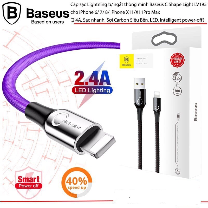 Cáp sạc nhanh thông minh tự ngắt, cáp sạc nhanh Baseus C-Shape có đèn LED báo tự ngắt khi sạc đầy Pin, dây dù siêu bền, dài 1M