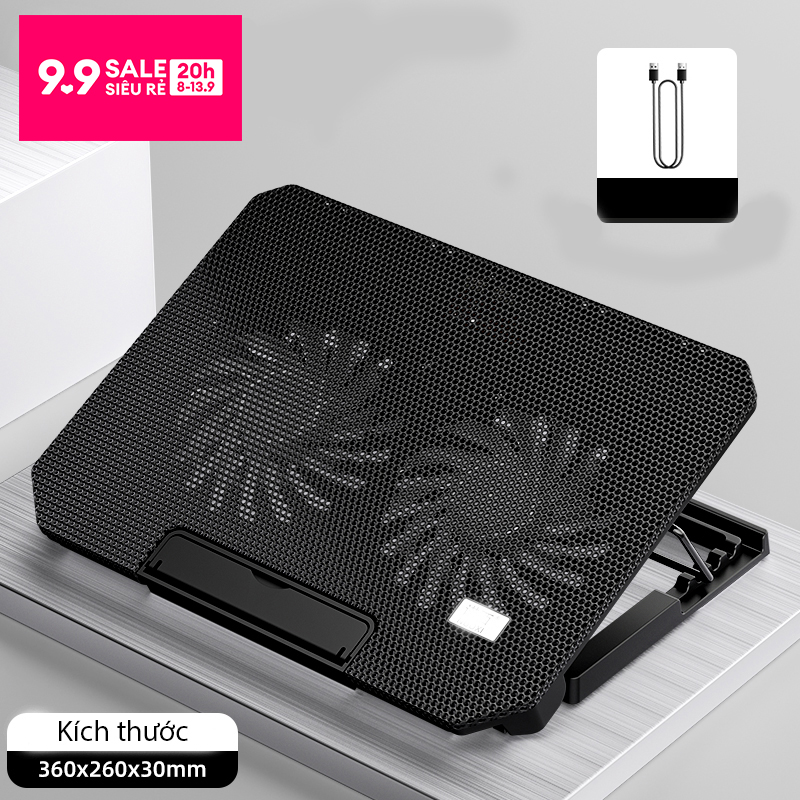 Đế tản nhiệt tuỳ chỉnh độ nghiên cho laptop có đèn led N99 - 2 quạt  dùng cho Laptop từ 14 -17 inch