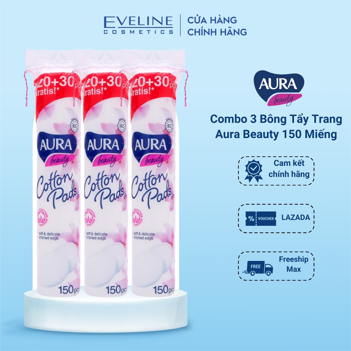 Combo 3 Bông tẩy trang Aura Beauty 100% cotton mềm mịn 150 miếng/bịch