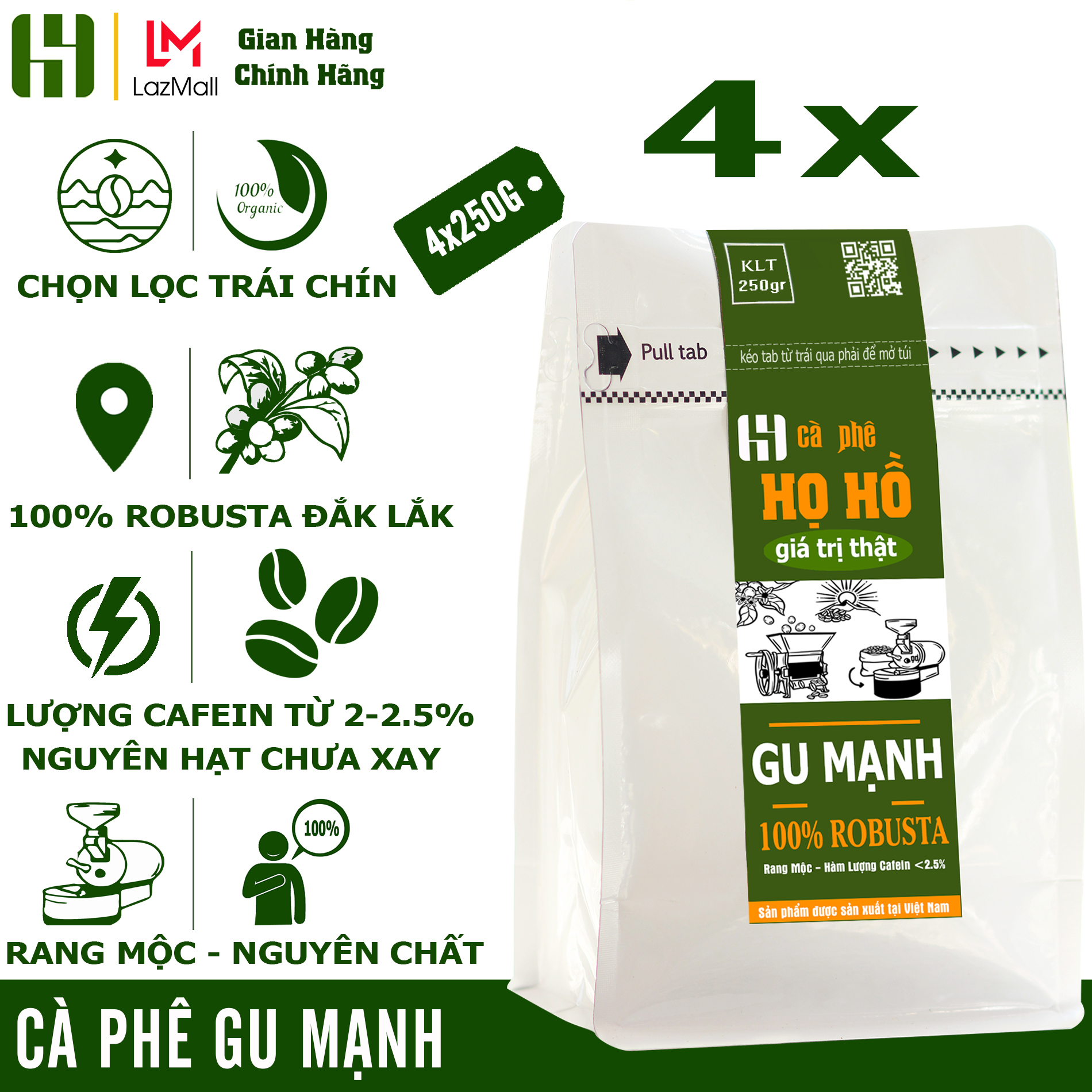 [Gu Mạnh] 1KG Cà phê HẠT rang mộc nguyên chất - đậm đắng mạnh mẽ - cafe nguyên chất (4 gói 250g)  thương hiệu Họ Hồ - whole bean coffee
