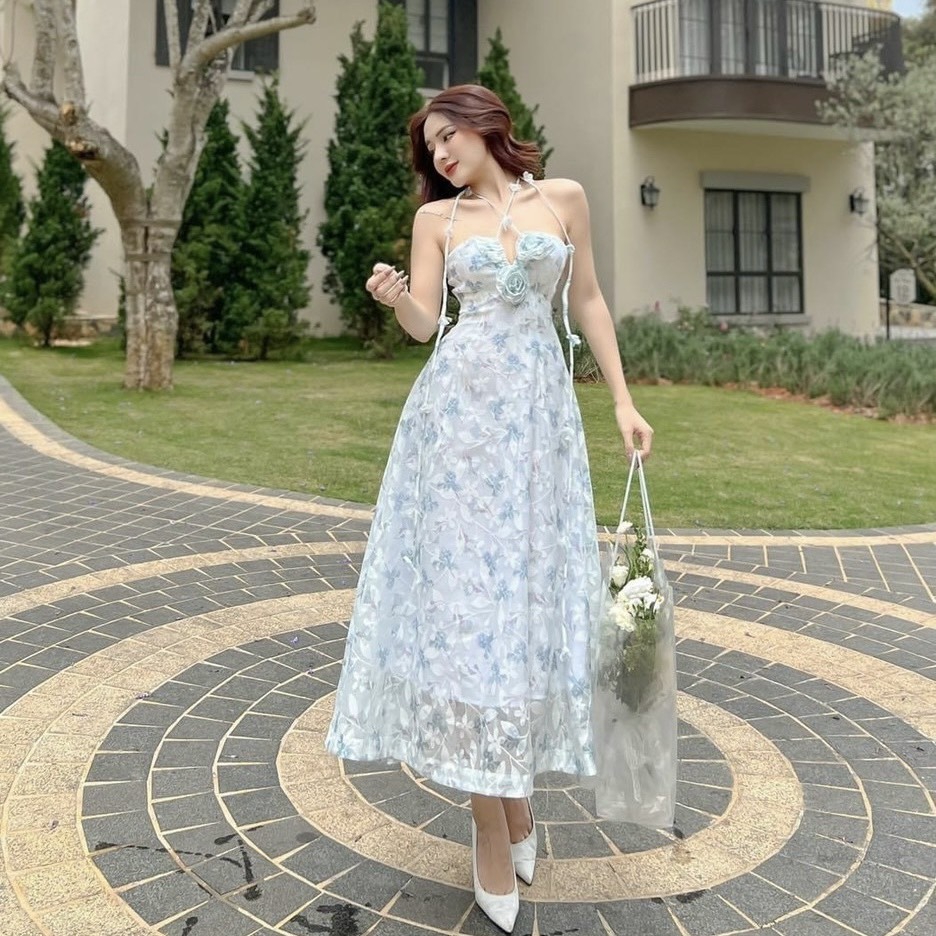 Đầm maxi đi biển 2 dây voan hoa dễ thương tripble t dress - free size - ms117hd