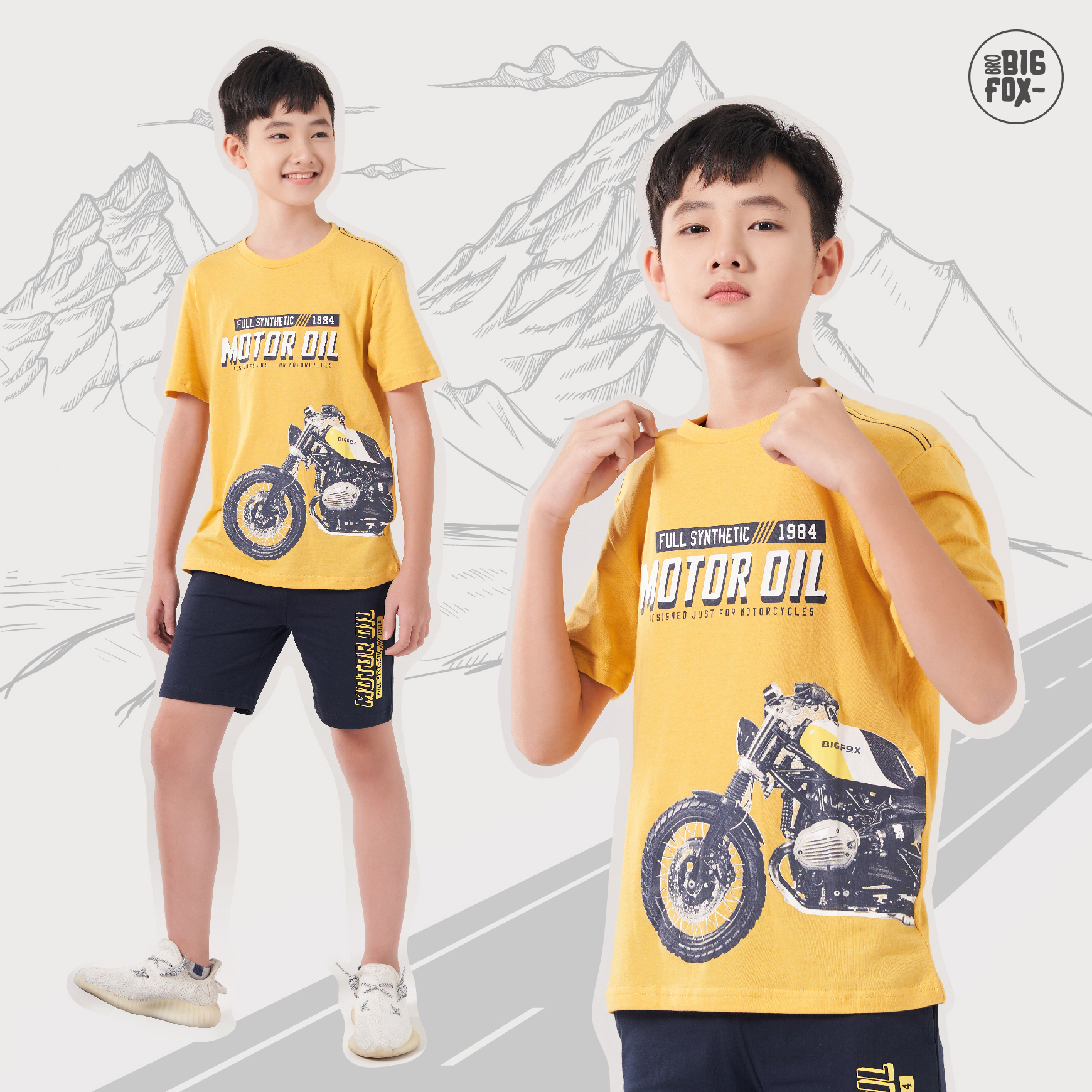 Bộ bé trai size đại, đồ bộ cộc tay cho bé tuổi teen chất cotton phong cách Âu Mỹ hình in Motor oil 10 – 54 kg QATE