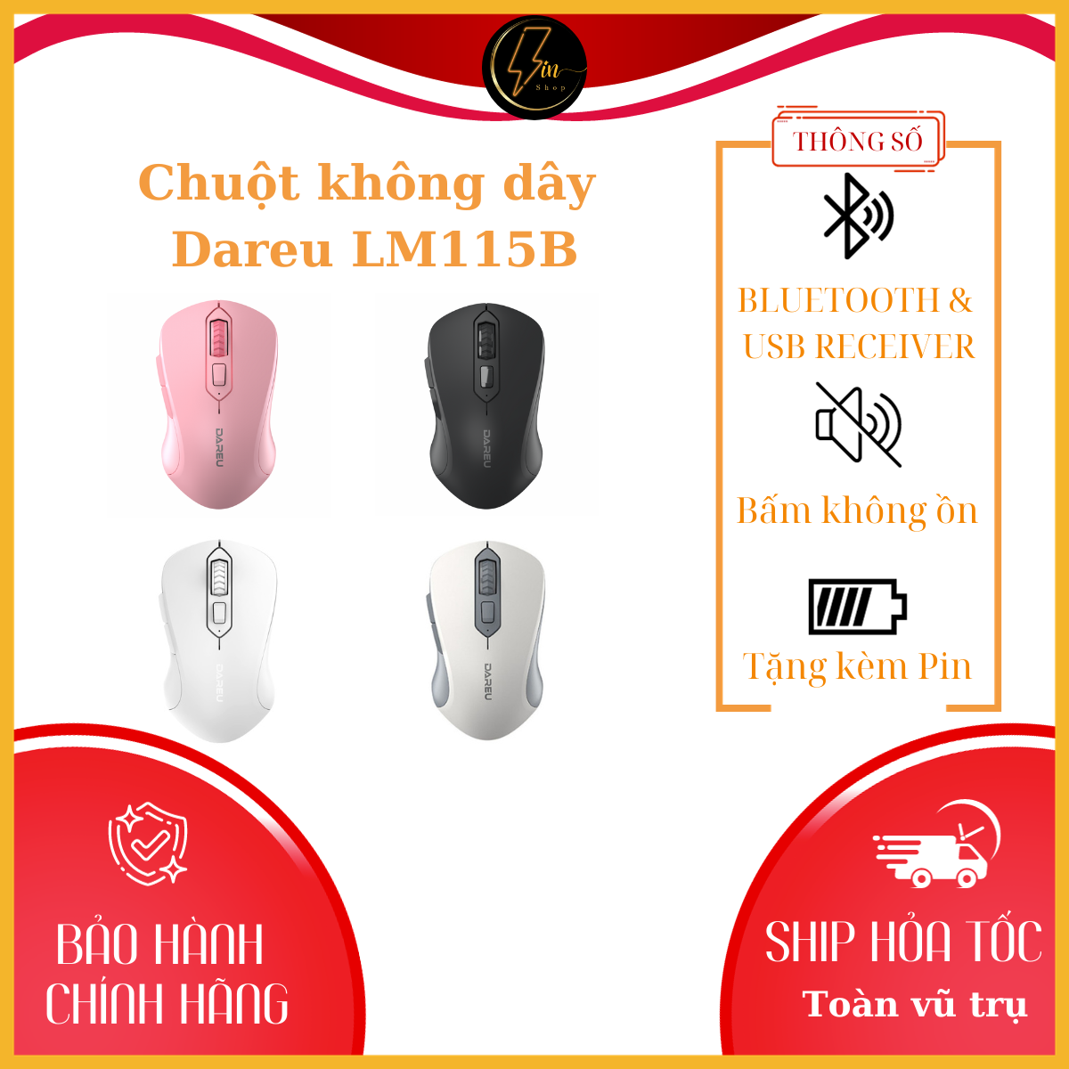 Chuột máy tính không dây dareu lm115b full white_tm176h08604r - dùng được cho macbook - tặng kèm pin - bảo hành chính hãng 24 tháng