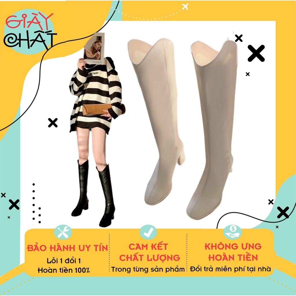 Bốt đùi nữ đế vuông cao 7p cứng cáp, giày boots cổ cao khoá sau chất mềm mẫu mới sang chảnh 2022