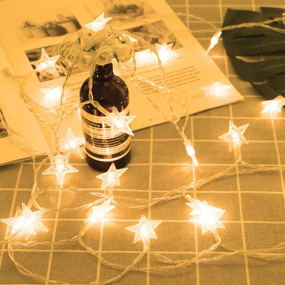 Đèn Led 2 Chế Độ Chớp Nháy Và Đứng Yên Xài Pin 6M 40 Bóng Đèn Led Ngôi Sao Vàng Ấm Trang Trí Tiệc Noel Lễ Tết Phòng Ngủ