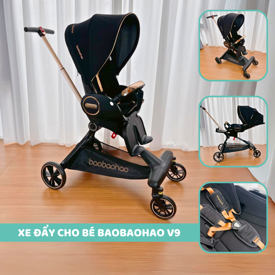 Xe đẩy gấp gọn cho em bé Baobaohao V9 màu đen - Chế độ giảm xóc - Xoay 360 độ