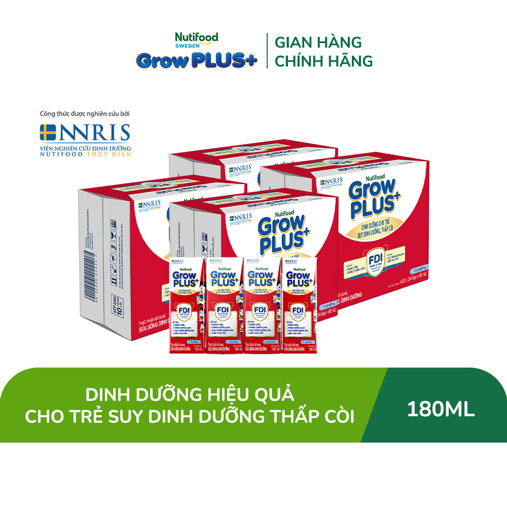 Combo 2 Thùng 48 hộp Sữa Nước Pha Sẵn Nutifood GrowPLUS+ Suy Dinh Dưỡng (Đỏ) Ít đường 180ml - Hỗ Trợ Tăng Cân, Tăng Chiều Cao - Trên 1 tuổi (Bao bì tùy đợt nhập hàng)