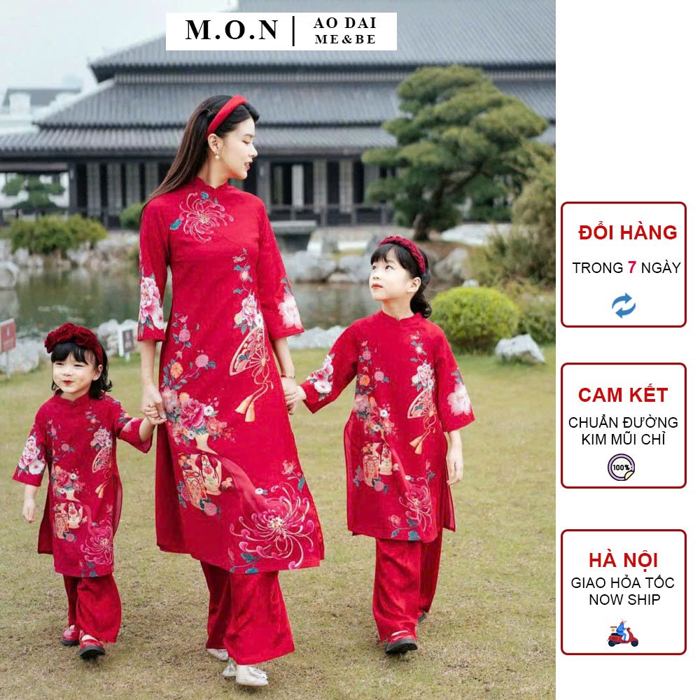 Áo dài mẹ bé dư niên tơ 4 tà cao cấp đỏ