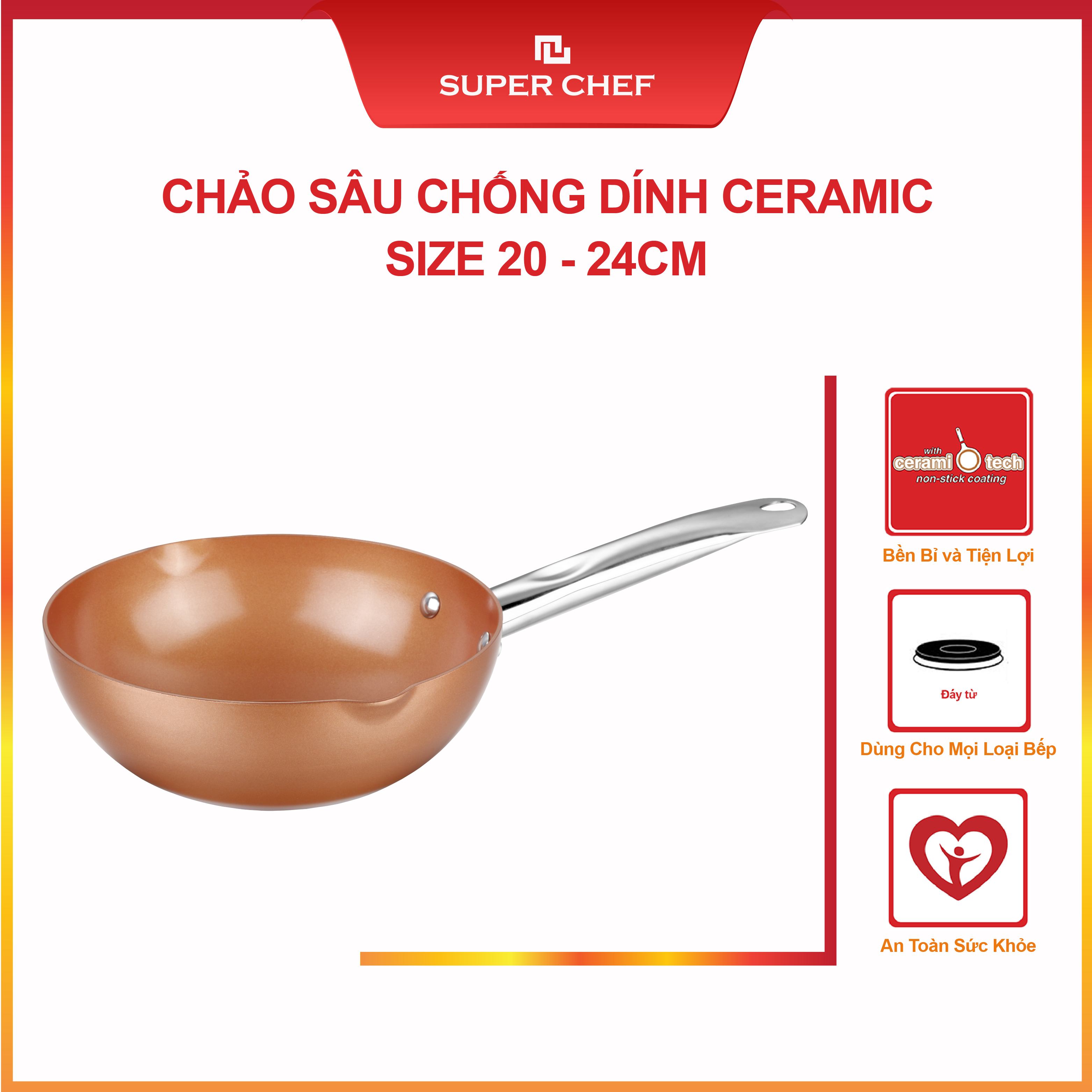 Chảo Chống Dính Sâu Lòng 2 Miệng Rót Super Chef Siêu An Toàn, Bền Bỉ Không Bong Tróc