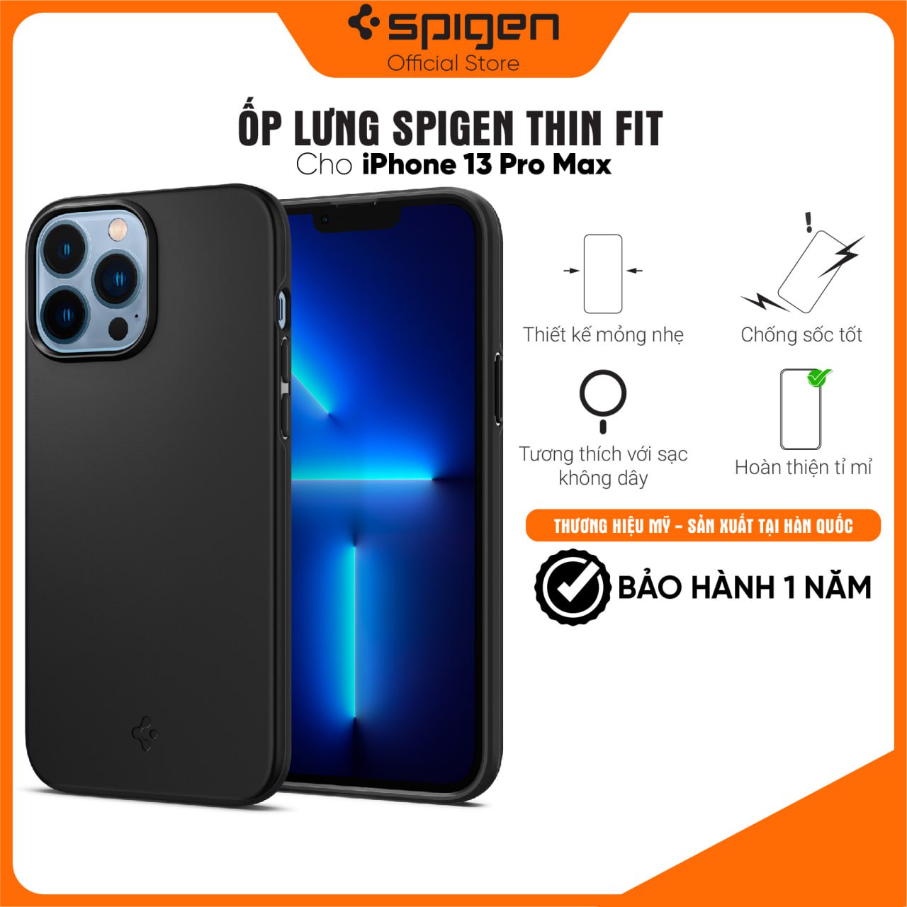 Ốp lưng Spigen Thin Fit Black cho iPhone 13 Pro Max - Thiết kế mỏng nhẹ, chống sốc, chống bẩn, viền camera cao - Hàng chính hãng
