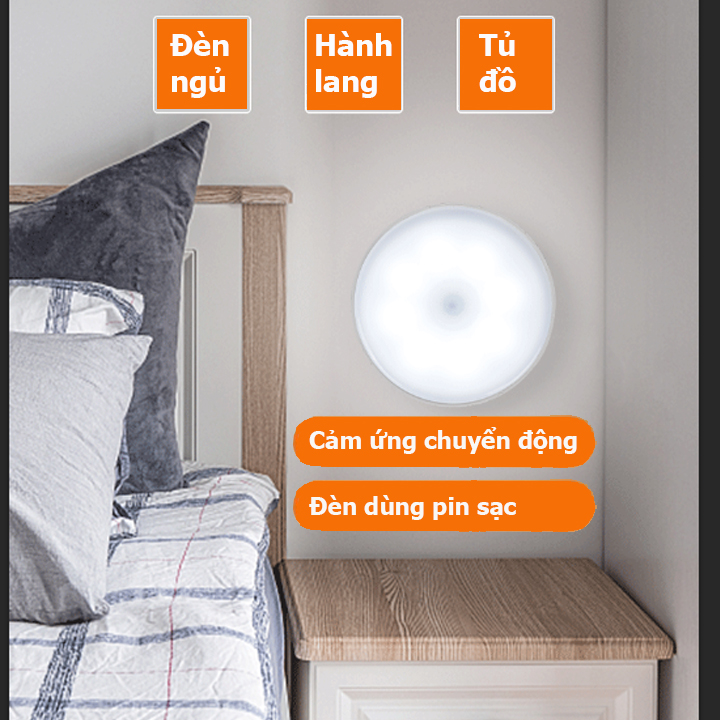 Đèn led cảm ứng, đèn cảm biến tự động thông minh không dây dùng pin sạc dán tủ quần áo, cầu thang, phòng ngủ