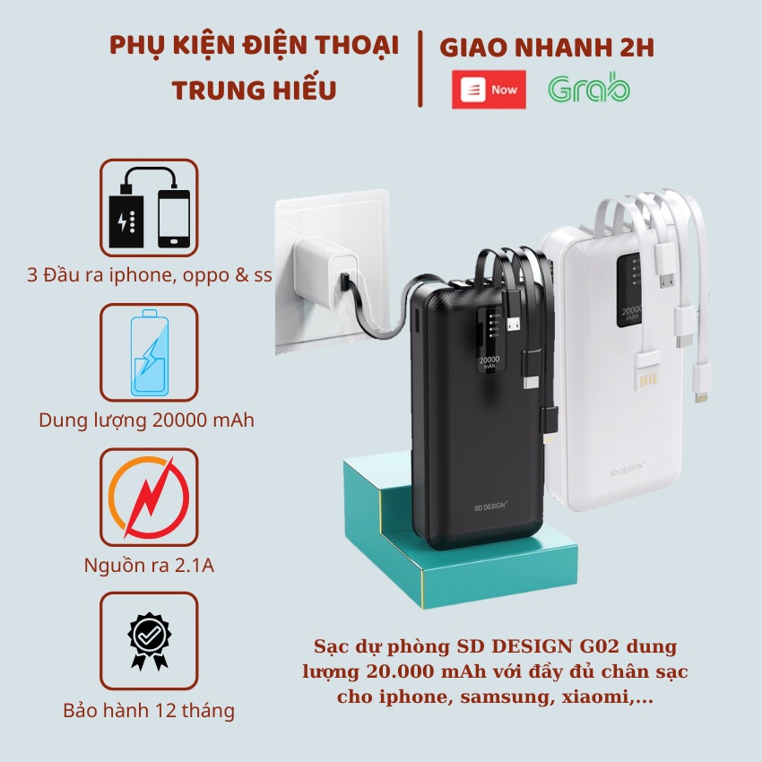 Sạc dự phòng SD DESIGN G02 sạc dự phòng Pin 20.000 mAh với đầy đủ chân sạc cho các dòng máy sạc, dự phòng, sạc dự phòng, sạc điện thoại, sạc dự phòng cho điện thoại