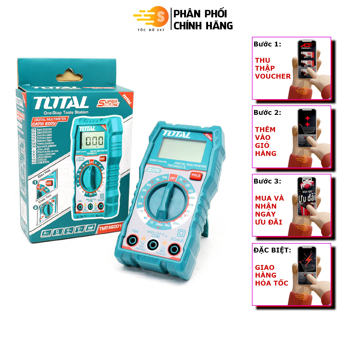 Đồng hồ đo điện vạn năng total tmt460012 - độ chính xác cao, màn hình lcd 2000 số đếm, có đèn nền ban đêm, có kèm pin - tốc độ 247