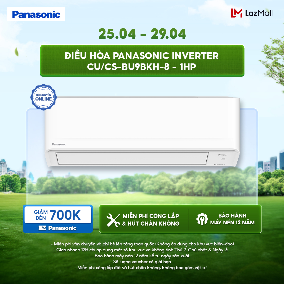 [SẴN HÀNG MIỀN NAM] Điều hòa Panasonic Inverter CU/CS-BU9BKH-8 - 1HP - Một chiều - Lọc sạch không khí nanoeG - Tiết kiệm điện AI ECO