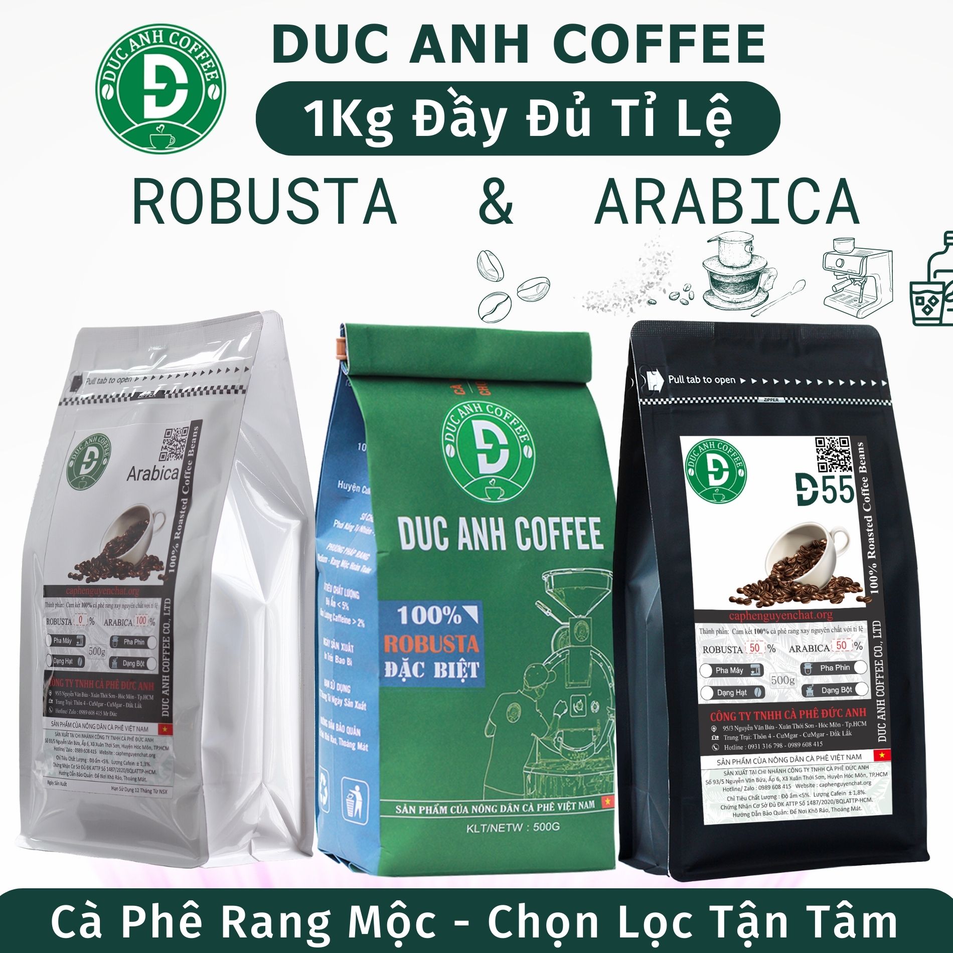 1kg cà phê rang mộc tất cả các tùy chọn Robusta và Arabica - xay dùng pha phin, cafe pha máy, cafe hạt - cà phê nguyên chất DUC ANH COFFEE