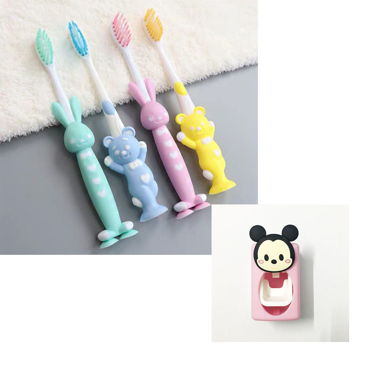 Set 4 bàn chải hình thú tặng kèm hộp nhả kem đánh răng- Bàn chải đánh răng-Hộp nhả kem đánh răng