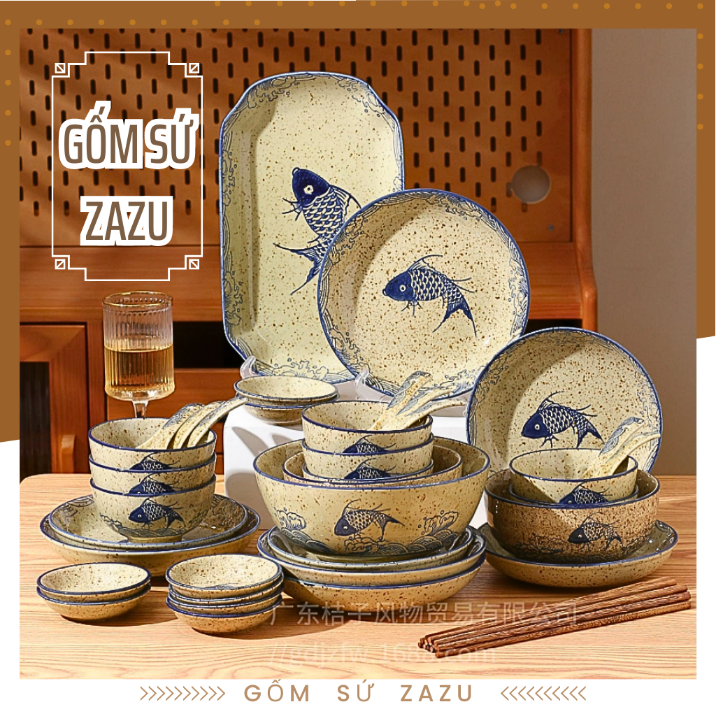 Bộ bát đĩa hình cá gốm sứ zazu, bộ chén dĩa cao cấp phong cách nhật bản