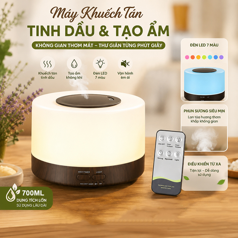 Máy Xông Hương Phòng 700ML Kèm Remote Điều Khiển,Thiết Bị Tạo Ẩm Đèn LED 7 Màu Không Khí Hình Trụ