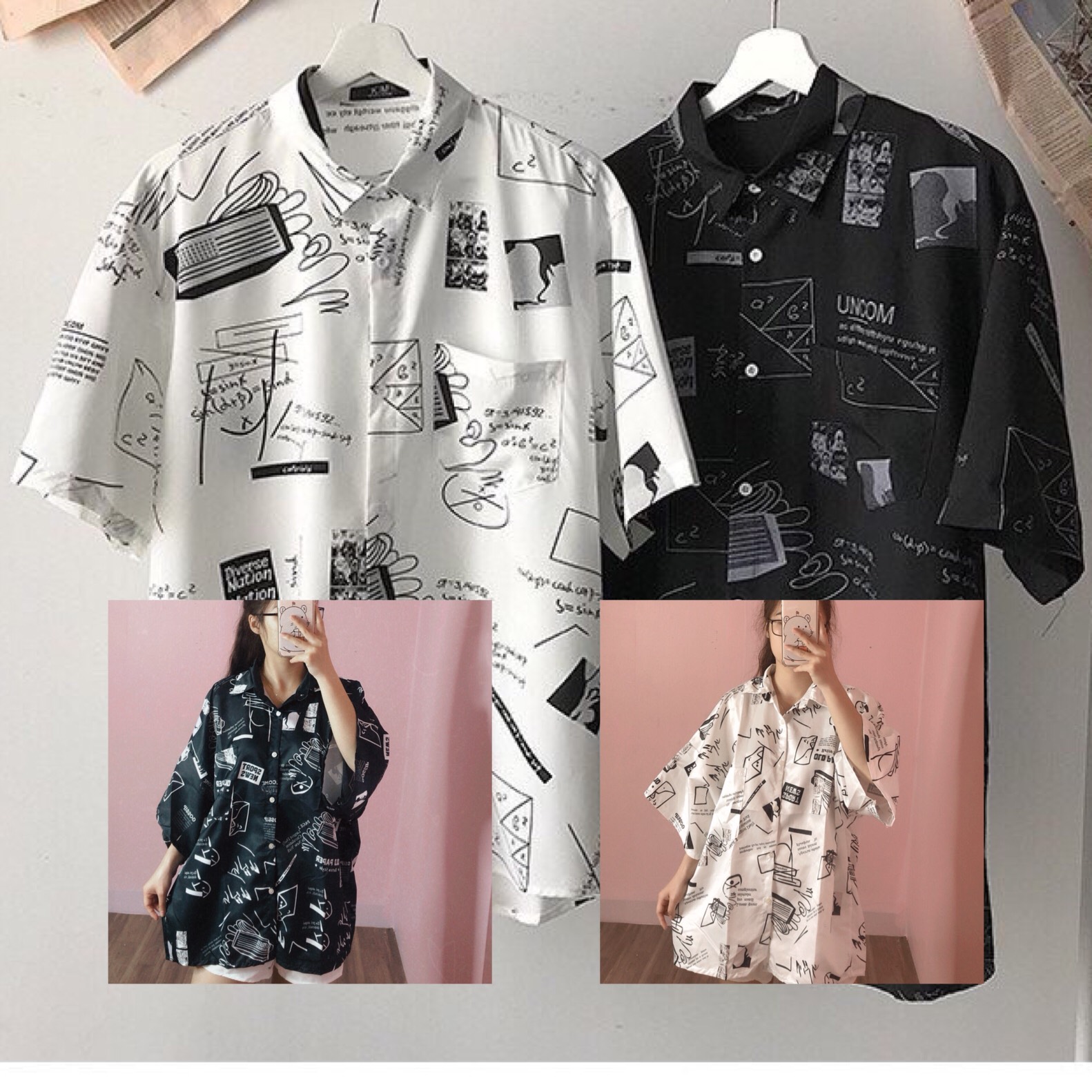 Áo sơ mi hình học dáng suông form rộng unisex có túi thời trang nam nữ/ Áo sơ mi loang in họa tiết cổ điển - xuongmaythaothuy
