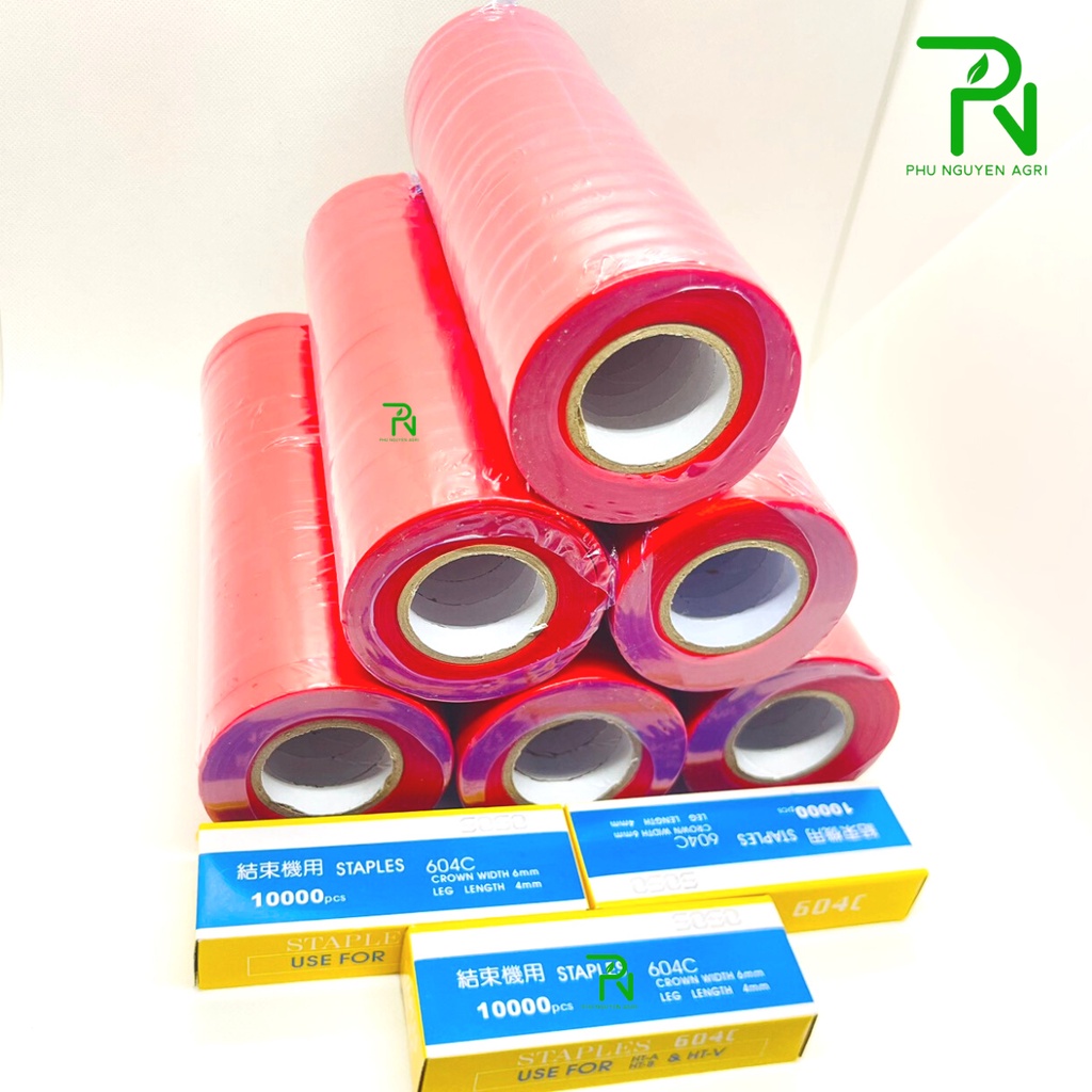 Combo 120 cuộn dây + 3 hộp ghim, 6 lốc băng keo buộc cành & 3 hộp ghim bấm