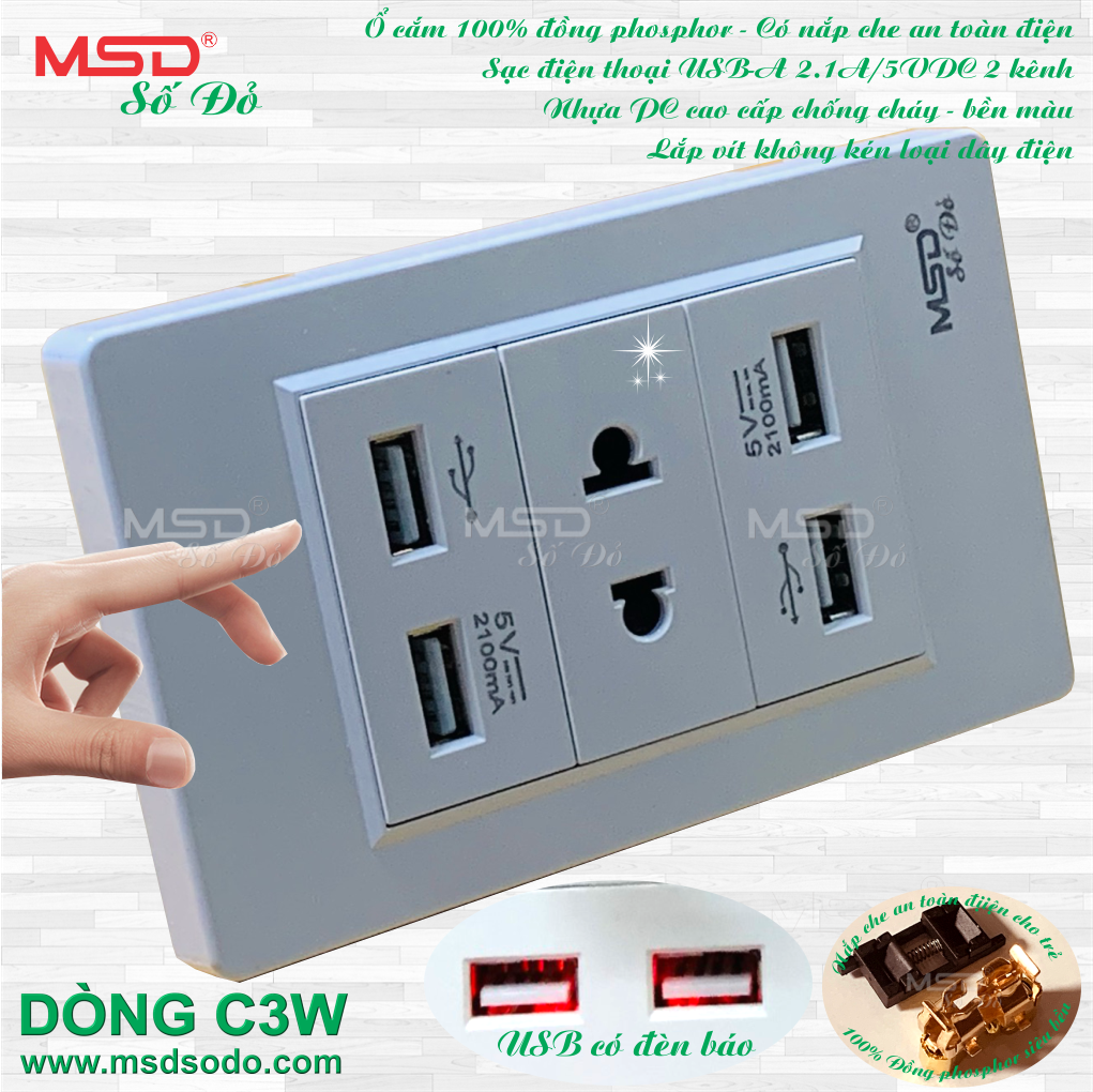 SẠC ĐIỆN THOẠI ÂM TƯỜNG 4 USB + 1 Ổ CẮM ĐIỆN 2 CHẤU - C3-4USB-1SO2P-W
