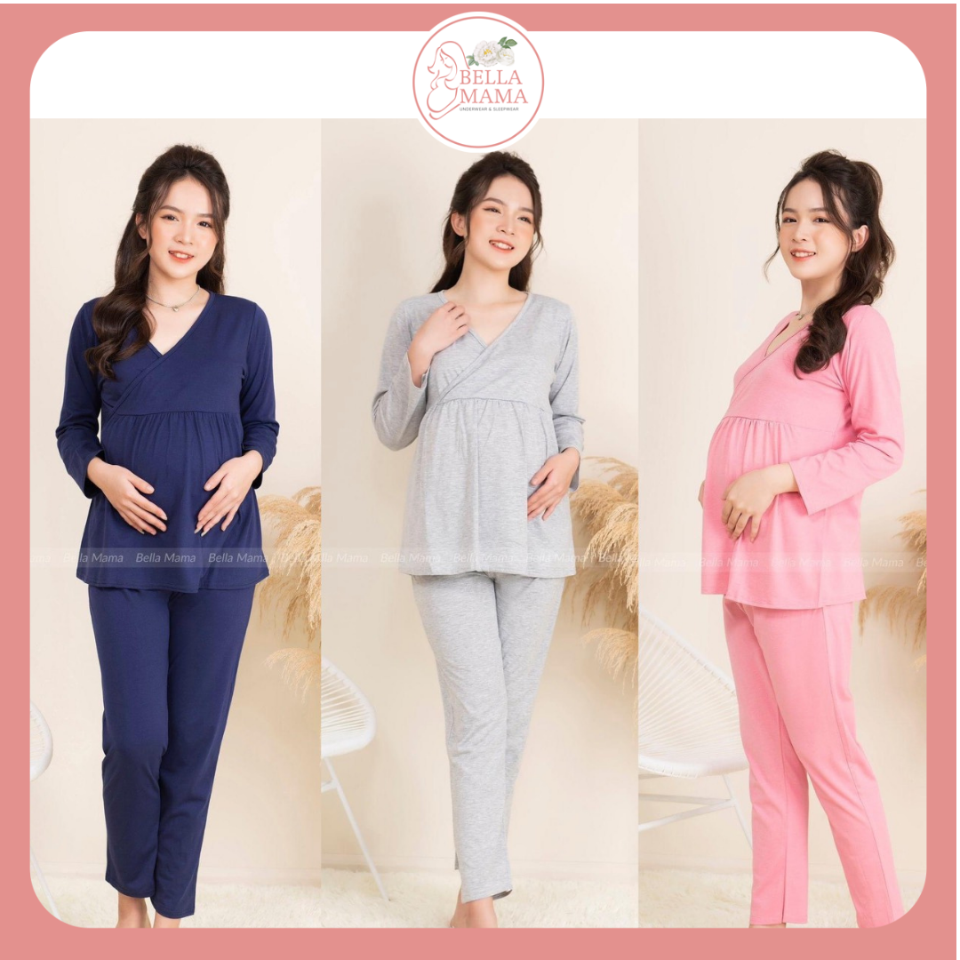 Bộ Bầu Mặc Nhà Chất Liệu 100% Cotton Mềm Mạị Vạt Chéo, Đồ Bầu Sau Sinh Có Khóa Mở Cho Con Bú Và Chun Chỉnh Bụng Bella Mama