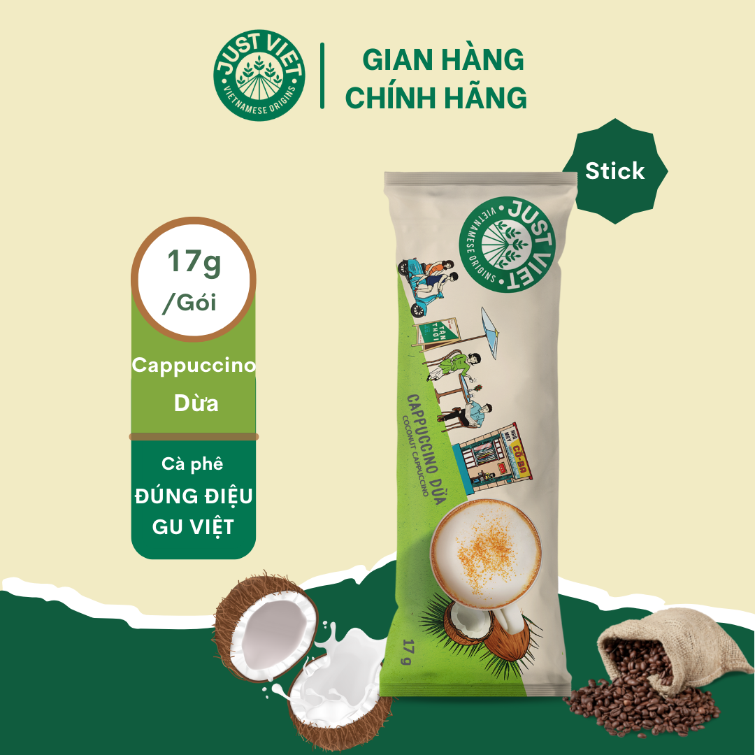 Cà phê cappuccino dừa just viet - đúng điệu gu việt - sánh đậm tự nhiên - 1 gói x 17g