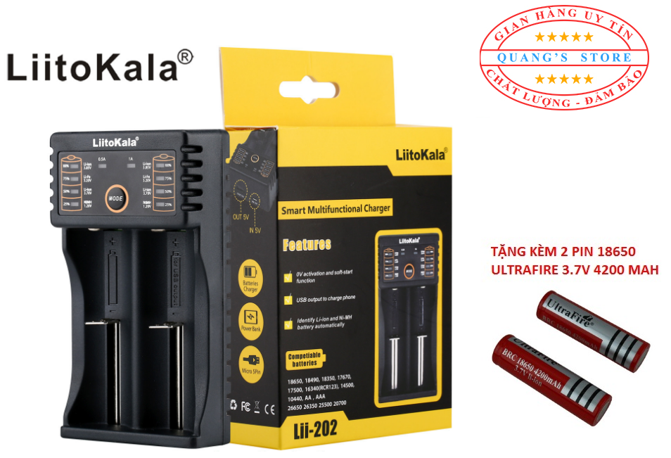 Sạc Đa Năng Siêu Nhanh LiitiKala Cho Pin AA, AAA, 18650, 14500, 18350,26550... Kèm 2 pin Ultrafire 3.7V 18650 4200 mAh